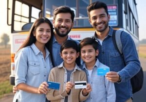 HAPPY Card धारक परिवार मुफ्त बस यात्रा करते हुए हरियाणा रोडवेज बस के सामने