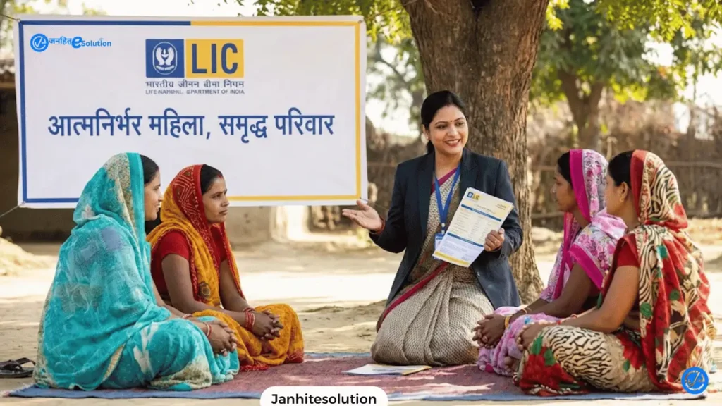 A woman explaining LIC insurance policy to rural village group, LIC Bima Sakhi registration form and document list
