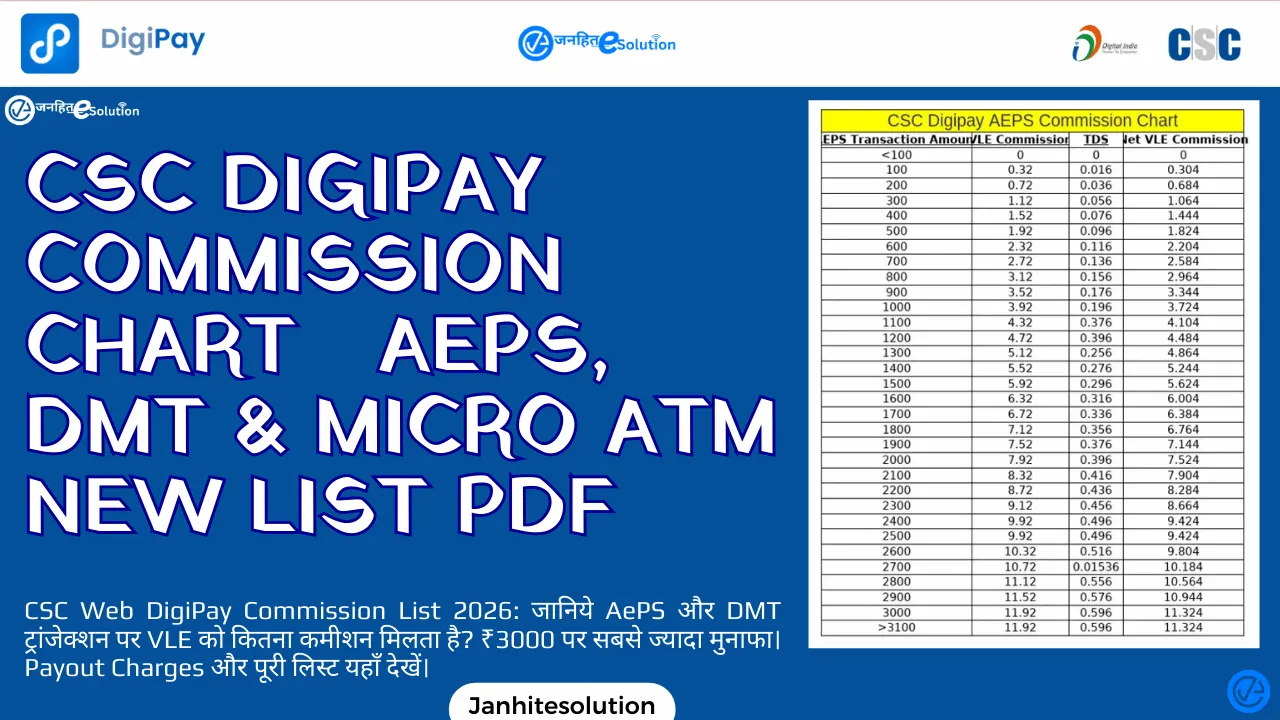 CSC DigiPay Commission Chart 2026 VLE को मिलेगा सबसे ज्यादा कमीशन! AePS, DMT & Micro ATM New List PDF CSC DigiPay Commission Chart 2026 VLE को मिलेगा सबसे ज्यादा कमीशन! AePS, DMT & Micro ATM New List PDF
