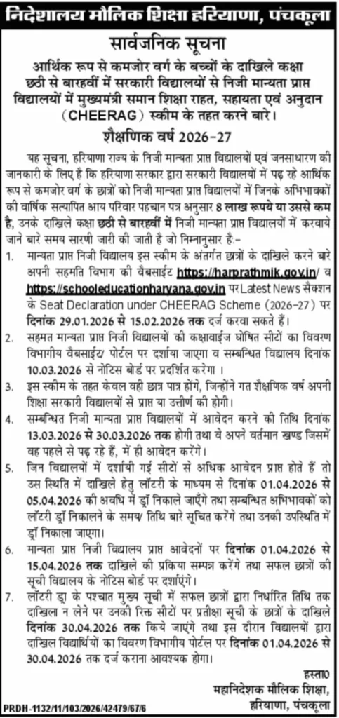 haryana chirag yojana 2026 admission process
