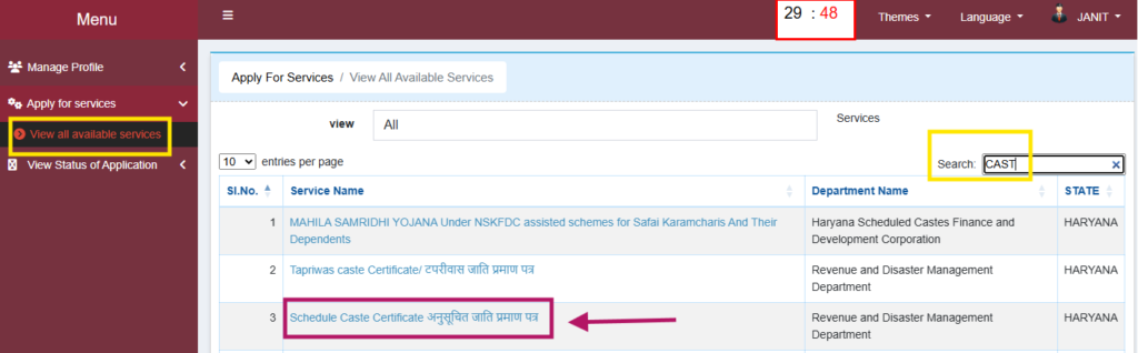 Search Schedule Caste Certificate on Saral Haryana