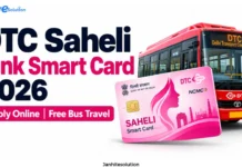 DTC Saheli Pink Smart Card 2026: Apply Online, Eligibility & Benefits DTC Saheli Pink Smart Card NCMC overlapping a red DTC bus for free women's travel in Delhi